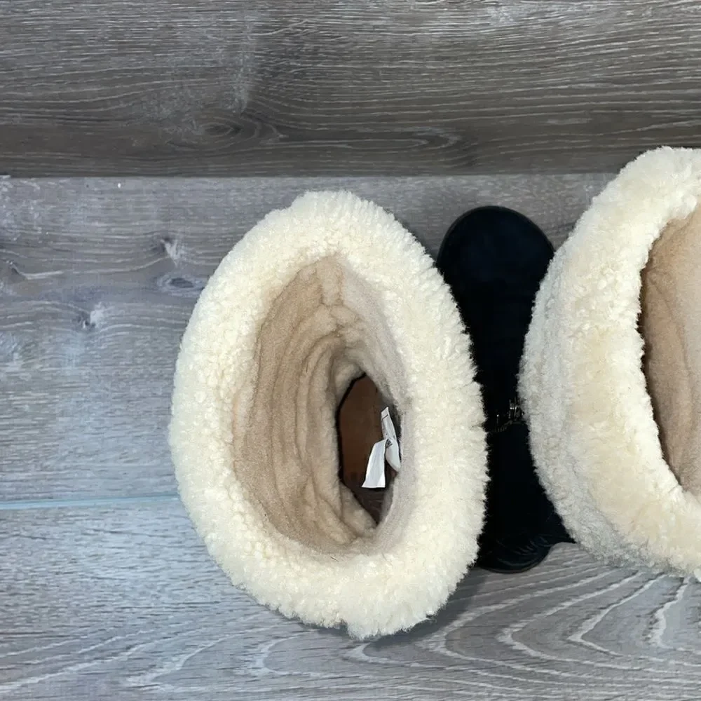 Ugg Karyn Black Suede Warm Shearling Cuff Women’s Sz 5 Zip Pull On Winter Boots